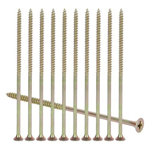 SENENQU 100PCS M6 x 150mm Long Wood Screws, Flat Modified Truss Head Wood Screws, Galvanized Steel Self Tapping Screws, Multipurpose Pozi Screws - Countersunk Head | Zinc Yellow Cover