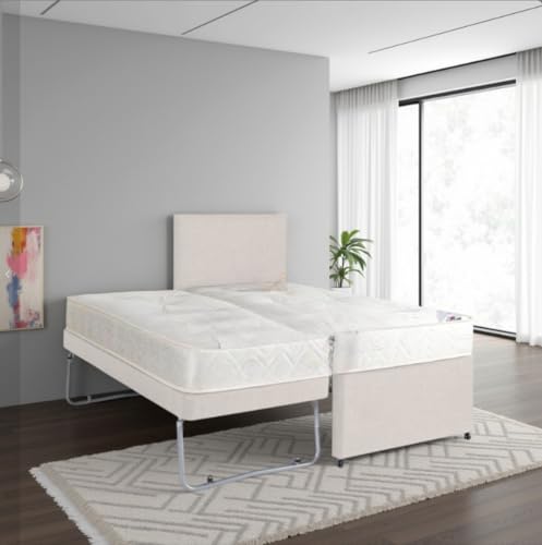 Image of Hf4you Restfine Plush Velvet Open Sprung Deep Quilted Guest Bed with Matching 20” Headboard - 3FT Single (Ivory, With 20” Headboard)