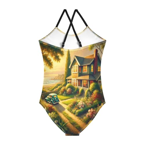 Seaside Cottage Flowers Girls Swimsuit Bathing Suit One Piece Swimsuits Summer Beach Swimwear2