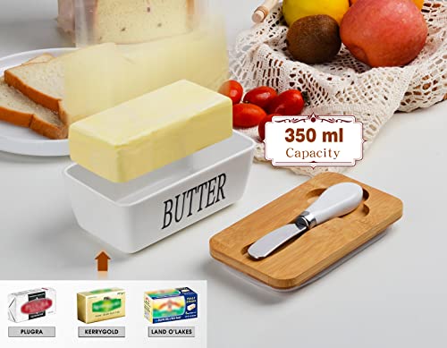 Ceramic Butter Dish With Bamboo Lid And Knife For Countertop, Small White Butter Crock Keeper For Fresh Butter, Double Silicone Seal, Perfect Size For West East Coast Butter #TOP5