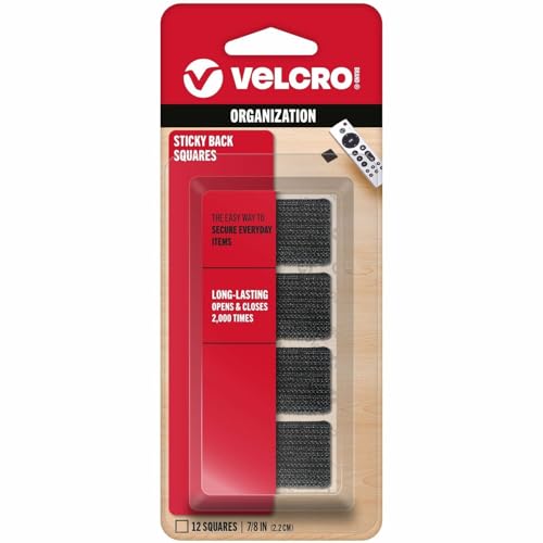 Velcro 90072 Sticky-Back Hook and Loop Square Fasteners on Strips, 7/8-Inch, Black, 12 Sets/Pack
