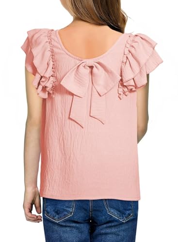 Image of DOKOTOO KIDS Girls Shirts Summer Cute Double Ruffle Short Sleeve Tie Back Bow Tee Tops 6-15 Years