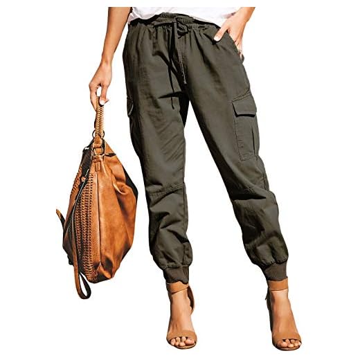 Ohvera Women's Solid High Waist Cargo Pants Joggers Trousers with Drawstring Tie Pockets Green X-Large