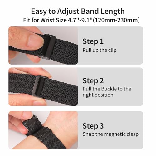 Image of 3 Pack Magnetic Braided Band for Samsung Galaxy Watch 9 8 40mm 44mm, Galaxy Watch8 Classic 46mm, One Click No Gap Elastic Stretchy Nylon Fabric Sport Strap for Women Men (Black /Gray /Star Light)