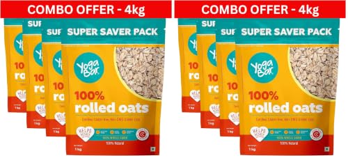 Image of Yogabar Golden Jumbo Rolled Oats 4kg (1kg Pouch, Pack of 8) - Gluten-Free Oats with High Fibre - No Powder