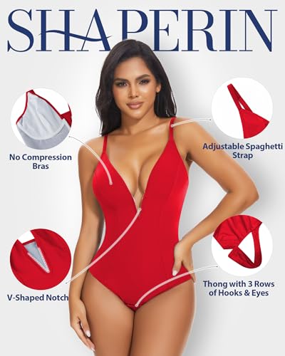 Image of SHAPERIN Bodysuit for Women Shapewear Tummy Control Deep V Neck Plunge Sleeveless Backless Thong Body Suit Tank Top