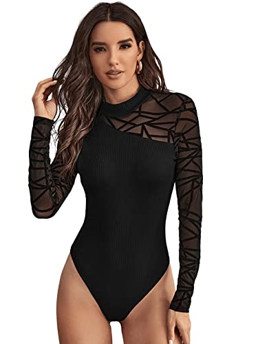 GORGLITTER Body Damen Langarm Strick Sexy Mesh Bodysuit Langarmbody Damen...