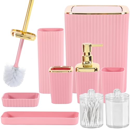 9 PCS Pink Bathroom Accessories Set with Trash Can Bathroom Accessory by Viowil - Used condition - US$35.21
