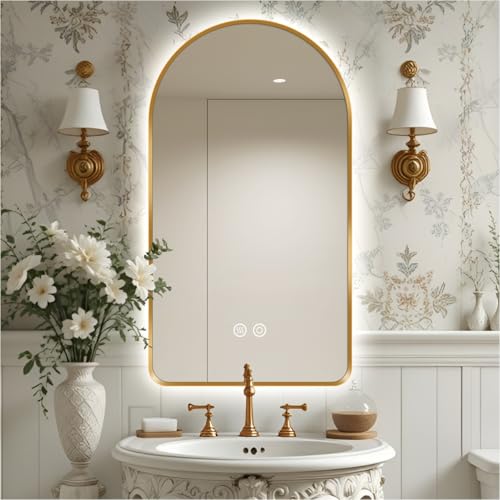 nolsia 40"L x 30"W Arched LED Bathroom Mirror, Brushed Gold