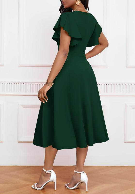 Image of MarryUP Women's Cocktail Midi Dress Elegant V Neck Ruffle Short Sleeve Wrap Wedding Guest Semi Formal A Line Dress