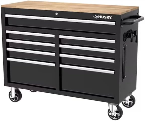 46 in. W x 18 in. D 9-Drawer Mobile Workbench Cabinet, Gloss Black, Steel, Solid Wood Top, with Power Strip and Casters