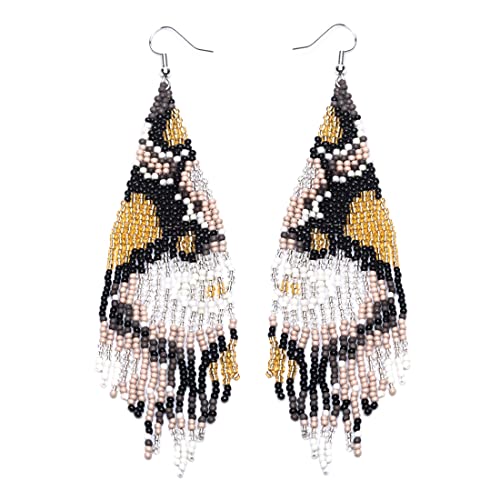 Geometric Beaded Earrings – Long Bohemian Handmade Large Tribal Native Beaded Tassel Drop Earrings for Women, Big Boho Seed Bead Fringe Chandelier Dangle Earrings