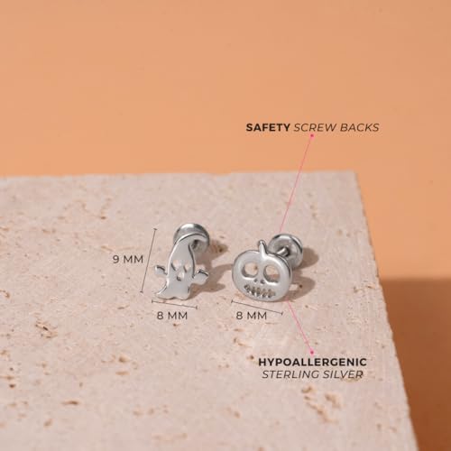 925 Sterling Silver Polished Ghost and Pumpkin Halloween Safety Screw Back Earrings For Little Girls - Children's Small Halloween Themed Earrings - Halloween Girl Earrings4