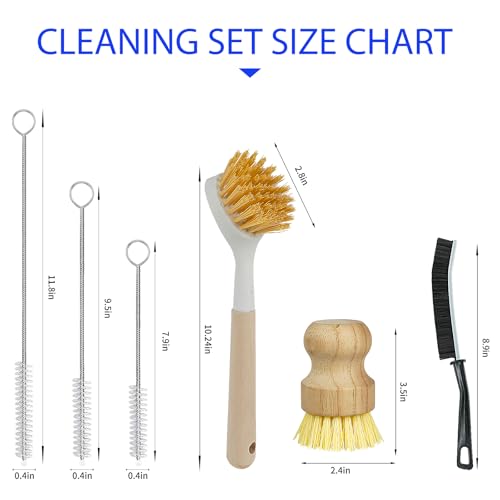 Image of 8 Pack Dish Brush Kitchen Cleaning Set with Long Handle Dish Scrubbers, Palm Scrub Brush，Crevice Cleaning Brushes and Straw Brushs - Perfect for Non-Stick Pans, Sinks, Glasses, Skillets