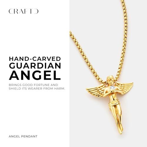 CRAFTD | Angel Pendant Necklace | 20.5" Gold Chain Link with 20MM x 20MM Pendant | Waterproof, Heat & Sweat Resistant | Gifts for Men | Men's Jewelry |2