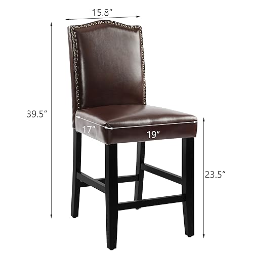 LSSPAID Bar Stools Set of 2, 23.5 Inch Upholstered Pu Counter Height Barstools Kitchen Island Chair with Bronze Nail Backrest and Solid Wood Legs, Bar Stool Bar Chairs for Kitchen Pub Home Cafe, Brown