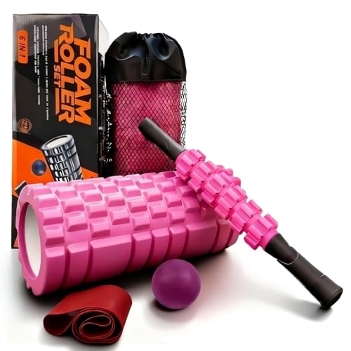 Aucuu 5 in 1 Foam Roller Set Includes Hollow Core Massage Roller Yoga Stick Massage Ball Fitness Stretching Strap Carrying Bag Towel Massage Roller (Pink)