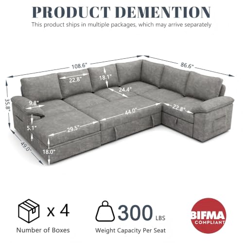 Image of 108'' Modular Sectional Sofa with Pull Out Bed, Sleeper Sofa, Light Gray