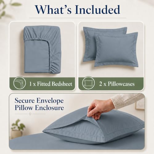 Image of LANE LINEN 100% Organic Cotton Fitted Bedsheet for Double Bed - French Blue | GOTS Certified, Percale Weave, 78x60 inches, Fits Upto 12 inch Mattress, Soft, Breathable, Washable, 2 Pillow Covers