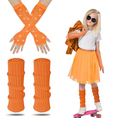 AffeGifts 80er Jahre Stulpen Kinder 80er Jahre Outfit Kinder Neon Fischnetz Handschuhe Warm Leg Warmers Kids Schweißbänder Stulpen 80er Glitzer für Mädchen Fancy Kleid (Orange Einheitsgröße)