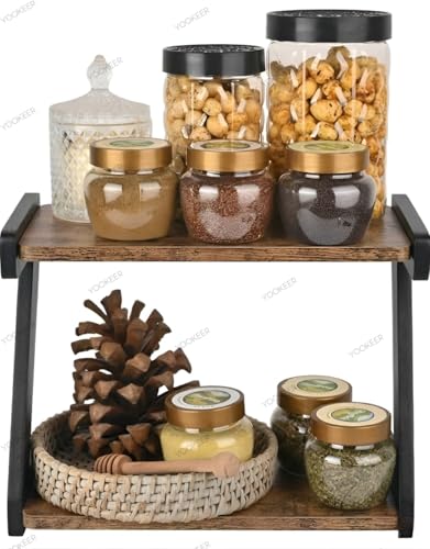 Image of Yookeer 2-Tier Spice Rack, kitchen organizer rack, Rustic Brown and Black, Z-Shape Countertop Organiser, 33x16x25 cm (RUSTIC BROWN)