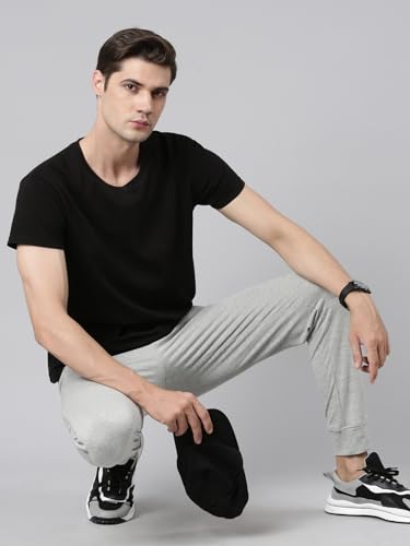 Image of BUZZ Standard Men Athleisure Slim Fit Solid Cotton Joggers Zipper Pockets, Ultra Soft, Stretchable, Breathable, Anti-Slip Waistband with Drawcord, Track Pants for Leisure, Travel, Workout. Pack of 1