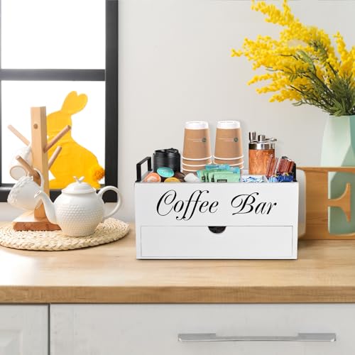 ugiftt Coffee Bar Accessories Organizer Countertop, Wood Station With Handle, K Cup Storage Basket Pod Holders With Drawer, Farmhouse Condiment Organizer for Bar Decor