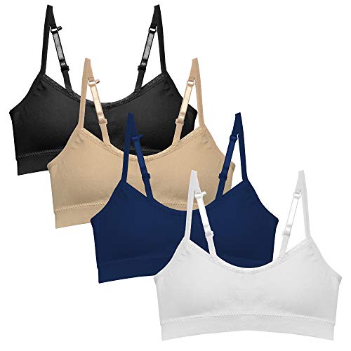 Popular Girls Training Bra Pack – Crop Cami Training Bras for Girls. Seamless Bra Removable Padding Blk Nude Wht Navy L