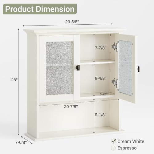 Wall-Mount-Bathroom-Storage-Cabinet-Medicine-Cabinet-with-Tempered-Glass-Door-and-Buffering-Hinge-Over-Toilet-Storage-Cabinet-Wall-Mounted-Organizer-Above-Toilet-Storage-Cabinet-Cream-White Wall Mount Bathroom Storage Cabinet Medicine Cabinet with Tempered Glass Door and Buffering Hinge Over Toilet Storage Cabinet Wall Mounted Organizer Above Toilet Storage Cabinet Cream White