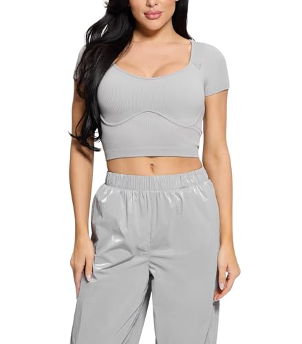 GUESS womens Short Sleeve Martina Seamless Top, Celestial Gray, M-L