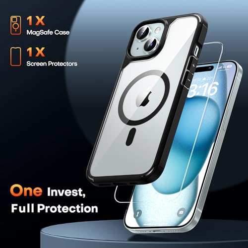 Image of TAURI for iPhone 15 Case, Compatible with MagSafe, Black | with Screen Protector, Not-Yellowing Military-Grade Protection, Shockproof Slim Magnetic Case for iPhone 15