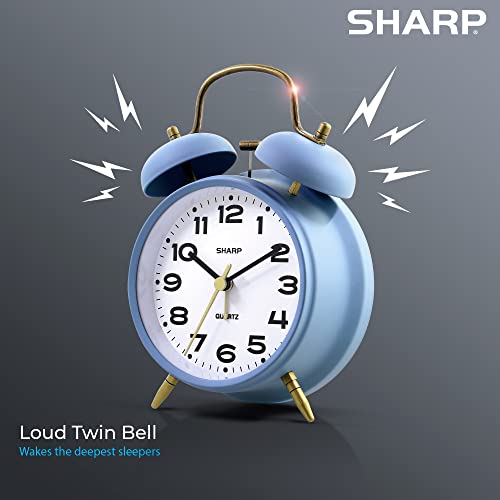 Sharp Twin Bell Alarm Clock, Loud Alarm Great For Heavy Sleepers - Stylish Matte Finish With Rustic Bronze Accents, Battery Operated (Matte Cornflower Blue) #TOP3