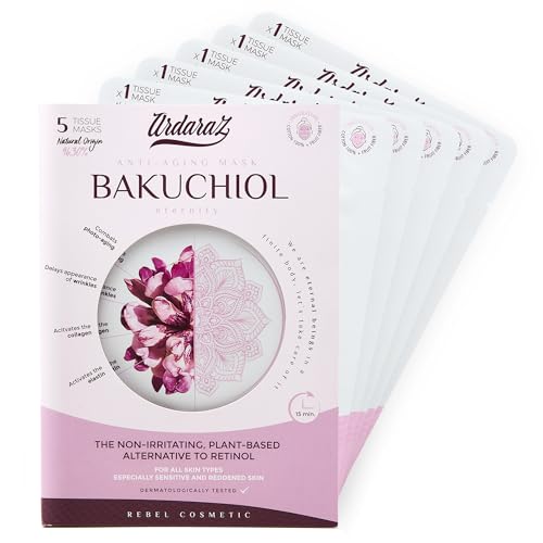 Ardaraz Mascarilla Facial Hidratante Antiarrugas con Bakuchiol, el Retinol Vegetal, y Acido Hialuronico. Mascarillas Para la Cara que Eliminan las Arrrugas y limpian los poros. Pack de 5