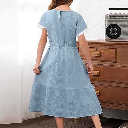 Girls Casual Dress Short Sleeve Crewneck Boho Sundress Flowy a Line Ruffle Dresses Tween Girl Fashion Size 4-14 Years3