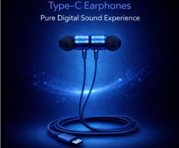 Image of Type C Wired Earphone, Deep Blue, Magnetic, with Premium Pouch, 120 cm Wire, Gaming, Compatible with All Smart Phones, Android, iPhone, iPhone 17,16, SAMSUNGS-26,25 (DEEP Blue)