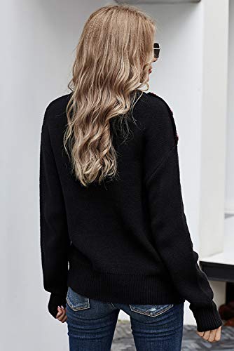Necooer Women's Sweaters Casual Long Sleeve Pullover Knit Sweater Tops with Button Decoration (Large, Black)4