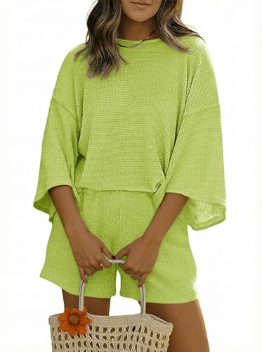 Tankaneo Womens Short Sets 2 Piece Outfits 3/4 Sleeve Tops and Elastic Waist Shorts Lounge Set Casual Loungewear