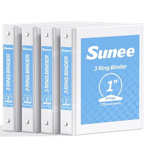 SUNEE 1 Inch Binders 3 Ring 4 Pack PVC-Free Clear View 1 Binders (Fits 8.5x11 Inches) for School Office & Home Use White