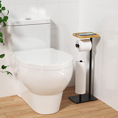 Susswiff Toilet Paper Holder Stand With Bamboo Top Storage Shelf, Black Toilet Paper Roll Holder Free-Standing, Floor Standing Toilet Roll Dispenser Storages 4 Reserve Rolls #TOP5