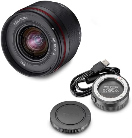 Samyang AF 12mm F2.0 E Objektiv + Lens-Station für Sony E - Autofokus APS-C Weitwinkel Festbrennweite Objektiv für Sony E Mount APSC, für Sony Kameras, Schwarz
