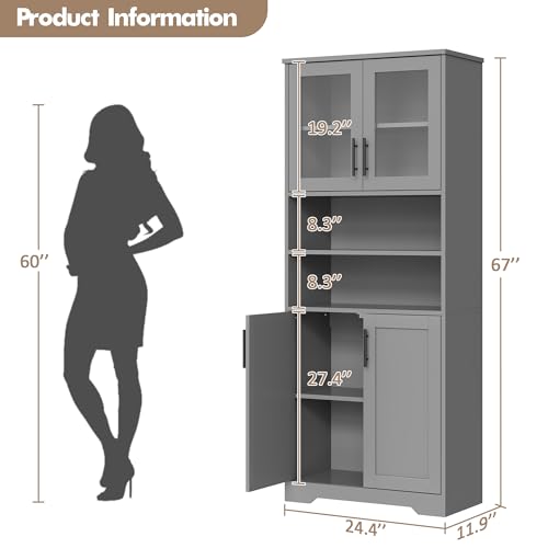 GarveeHome 67" Tall Storage Cabinet, Tall Bathroom Cabinet with Glass Doors and Adjustable Shelves, Freestanding Kitchen Pantry Cabinets, Cupboard for Living Room, Dining Room, Gray