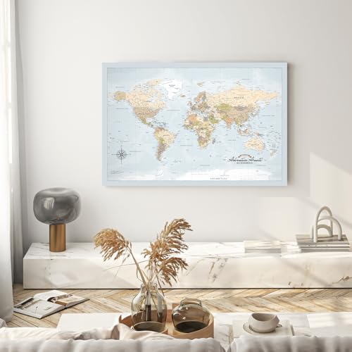 Image of IPIC - Blue Ocean World Map Pin Board Canvas Wall Art, Travel Map with Pins Included, Ready to Hang for Home or Office 36x24 Inch
