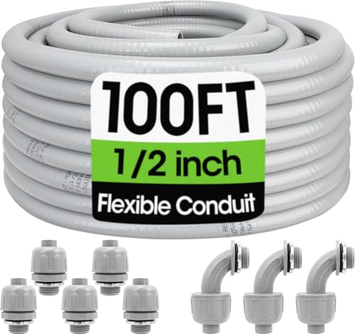 100FT Liquid-Tight Conduit and Connector Kit 1/2 Flexible Non Metallic Electrical Conduit with 5 Straight and 3 Angle Fittings PVC Conduit