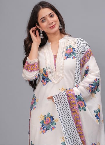 Image of Amayra Women's Pure Cotton Printed Straight Kurta Set with Palazzo Pants & Dupatta- Ethnic Wear, White