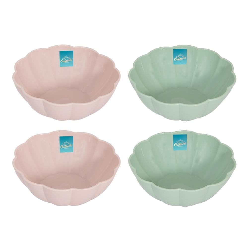 YöL Set of 4 Floral Edged Plastic Bowls Summer Dining Outdoor Picnic BBQ Blush Pink Sage Green Dessert Snacks Dips Cereal