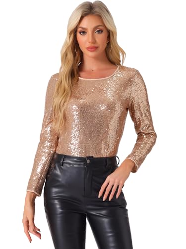 Allegra K Sequin Top for Women's Glitter Round Neck Long Sleeve Party Blouse Tops Small Gold