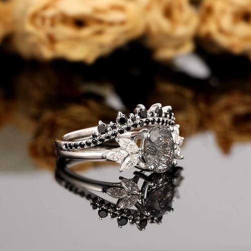 Black Rutilated Quartz Wedding Ring Set for Women 925 Sterling Silver Plated Platinum Art Deco Goth 1.09 CT Natural Gemstone Bridal Engagement Promise Rings for Her Size 4-93