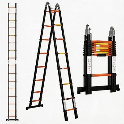 16.5FT A-Frame Aluminum Telescopic Extension Ladder, 330lbs Capacity Adjustable Retractable Extendable Compact Telescope Ladder with Non-Slip Feet for House Roof Travel Trailers RV