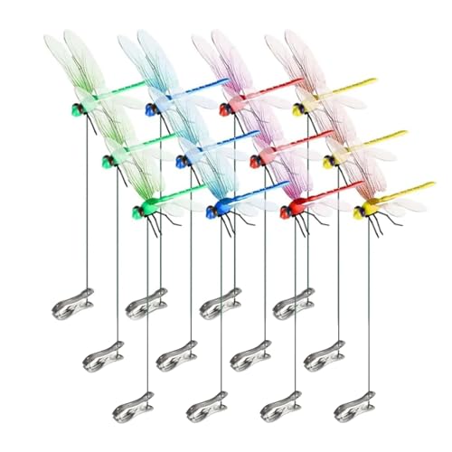 12個 3D トンボポールクリップ 庭園装飾 昆虫型クリップ 屋内・屋外兼用 ナチュラルスタイル おしゃれなデザイン 和風モダンなアクセント カラフルな庭の装飾 帽子の装飾