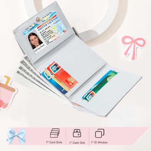 Small Wallet with Coquette Bow Cute Wallet ID Credit Card Slots for Women Girls (BLUE)2